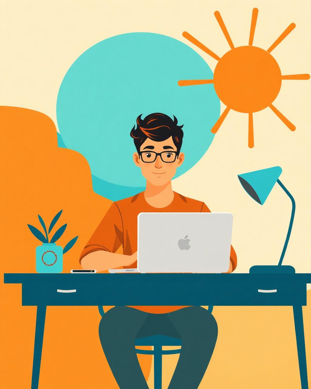 Illustration of João working on a laptop, with a sun and a plant around him