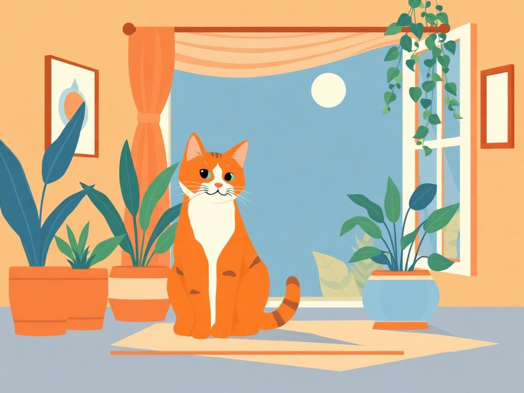 Illustration of an orange cat sitting in a room with plants and a moonlit window
