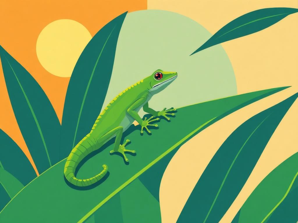 Illustration of a green gecko on a leaf, from the Jumping Gecko game