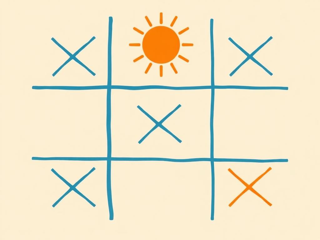 Illustration of a hand-drawn tic-tac-toe board with orange X and blue O