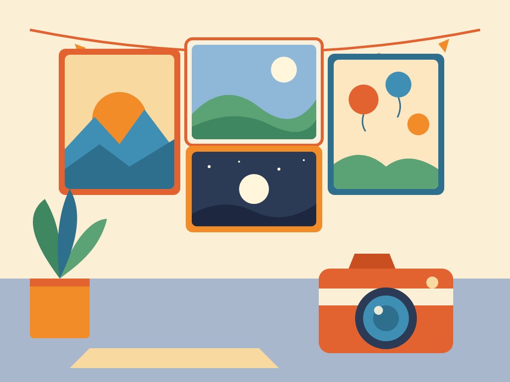 Illustration of framed event photos hung on a string above an orange camera and a potted plant